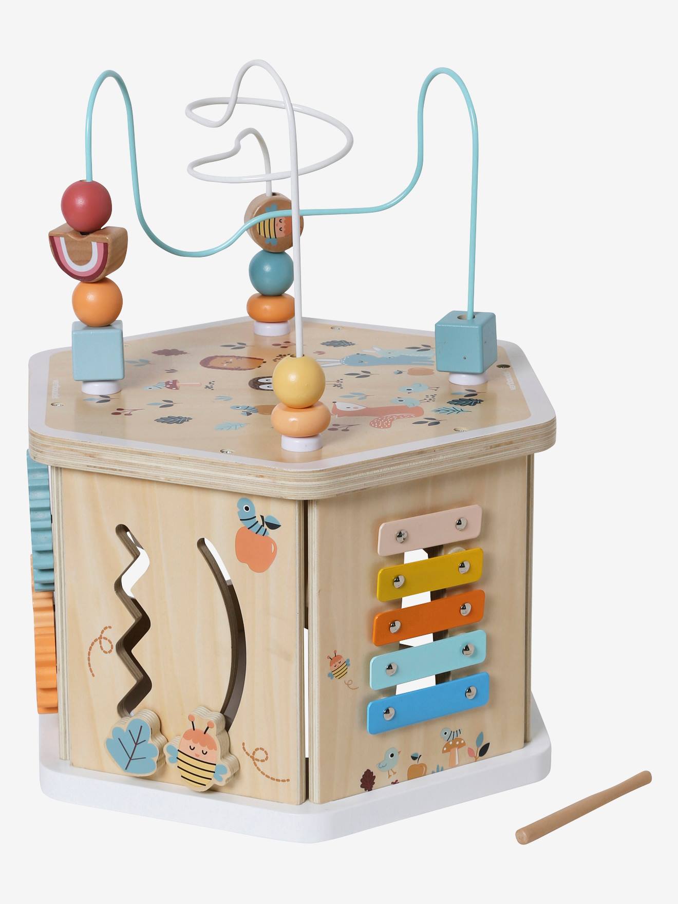 Grand cube d'activités hexagonal Les amis de la forêt en bois FSC® beige