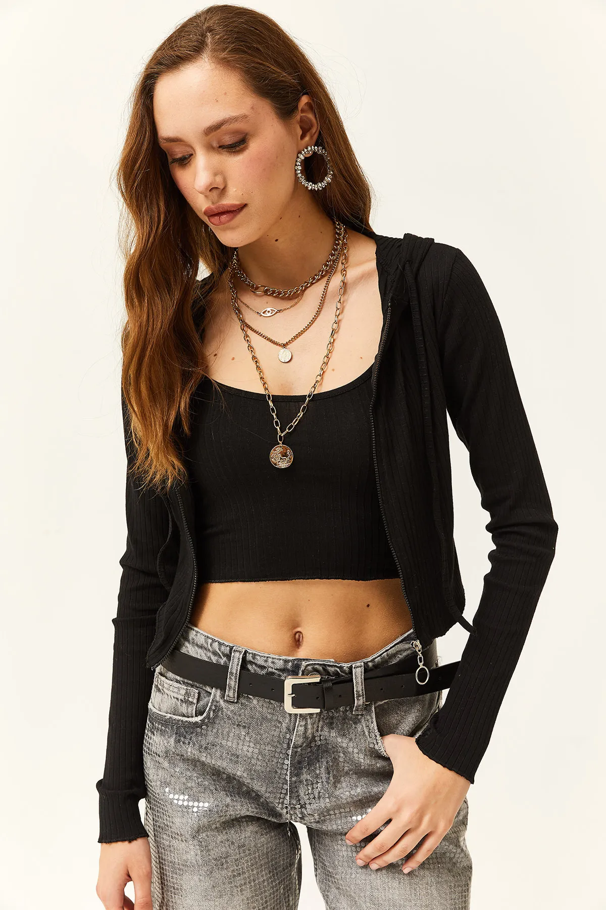 Olalook  Schwarzes Damen-Set mit Oberteil und Strickjacke innen, 2-teilig