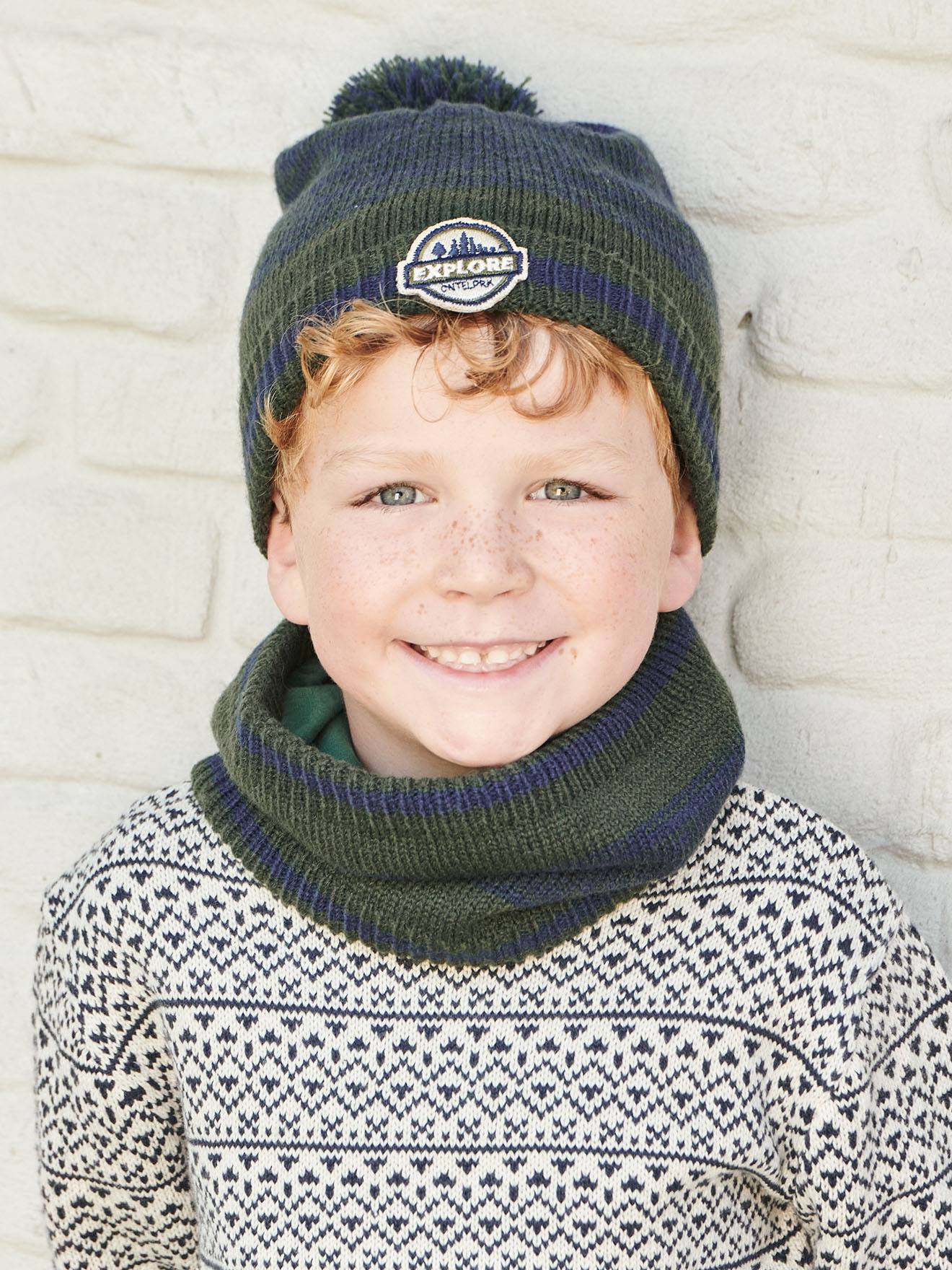 Ensemble garçon bonnet + snood + moufles/mitaines vert