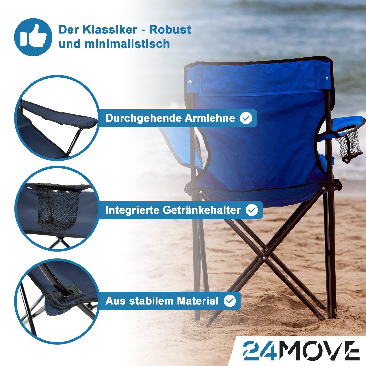 24Move Campingstuhl 24MOVE® Campingstuhl faltbar,Anglerstuhl,Liegestuhl mit Getränkehalter (bis max. 100 kg), mit Tragetasche, grün, Klappstuhl, bis 100kg belastbar