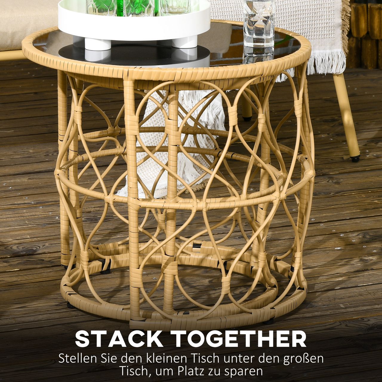 Outsunny Rattan Beistelltisch 2er-Set, Couchtisch mit Glasplatte, Khaki