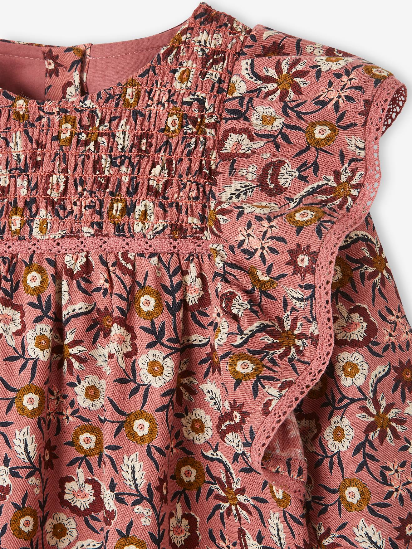 Robe fleurie bébé à smocks bois de rose imprimé