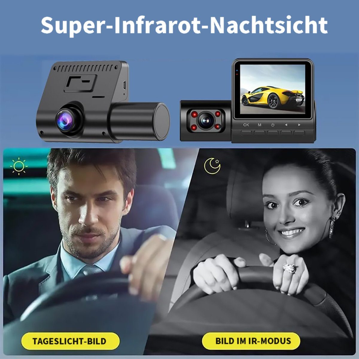 Yoyaxi Dreilinsen-Fahrtenschreiber für Front- und Rückdeckung Dashcam (Infrarot-Nachtsicht, Bewegungserkennung, Schleifen-Aufnahme)