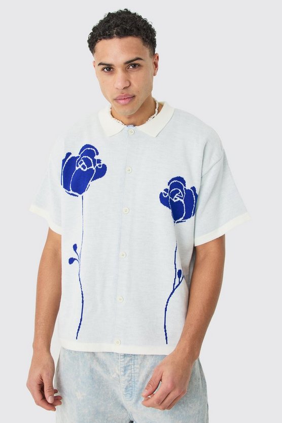 Kastiges Jacquard-Hemd mit Rosen-Detail