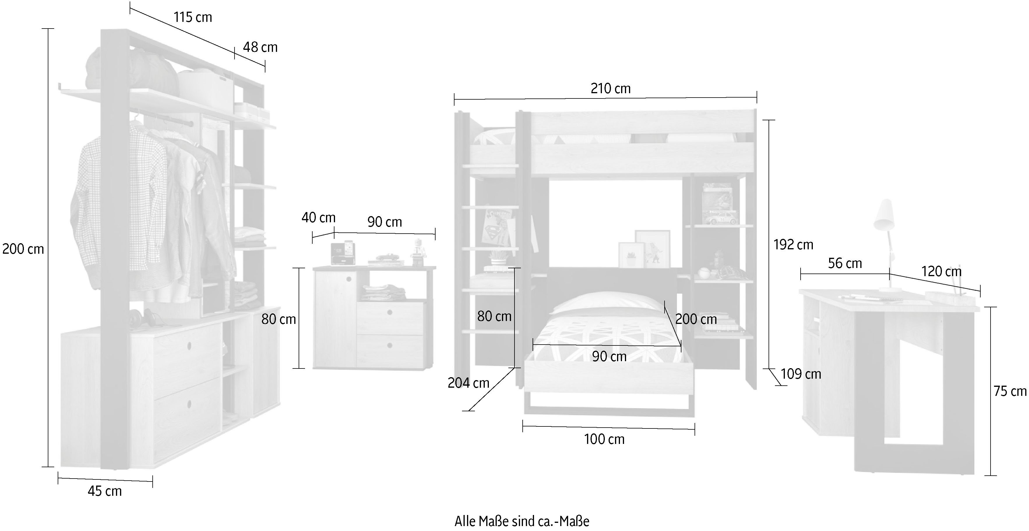 Gami Jugendzimmer-Set Duplex, (6-St., Bett, 2x offenes Schranksystem, Schreibtisch, Kommode, Hochbett)