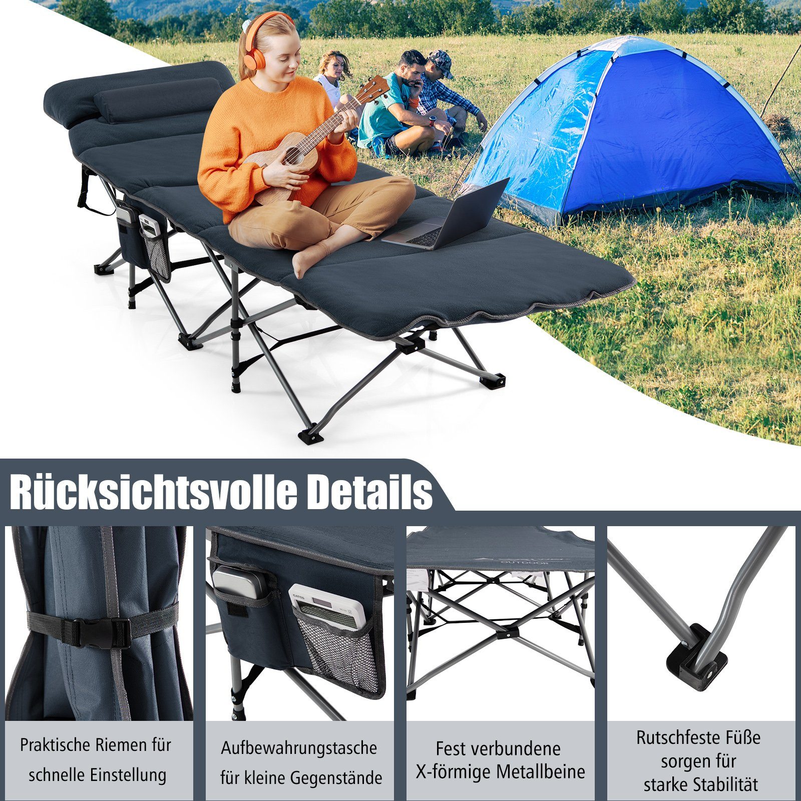 COSTWAY Feldbett Campingbett klappbar, mit Matratze & Kissen, 150kg, 185x65cm