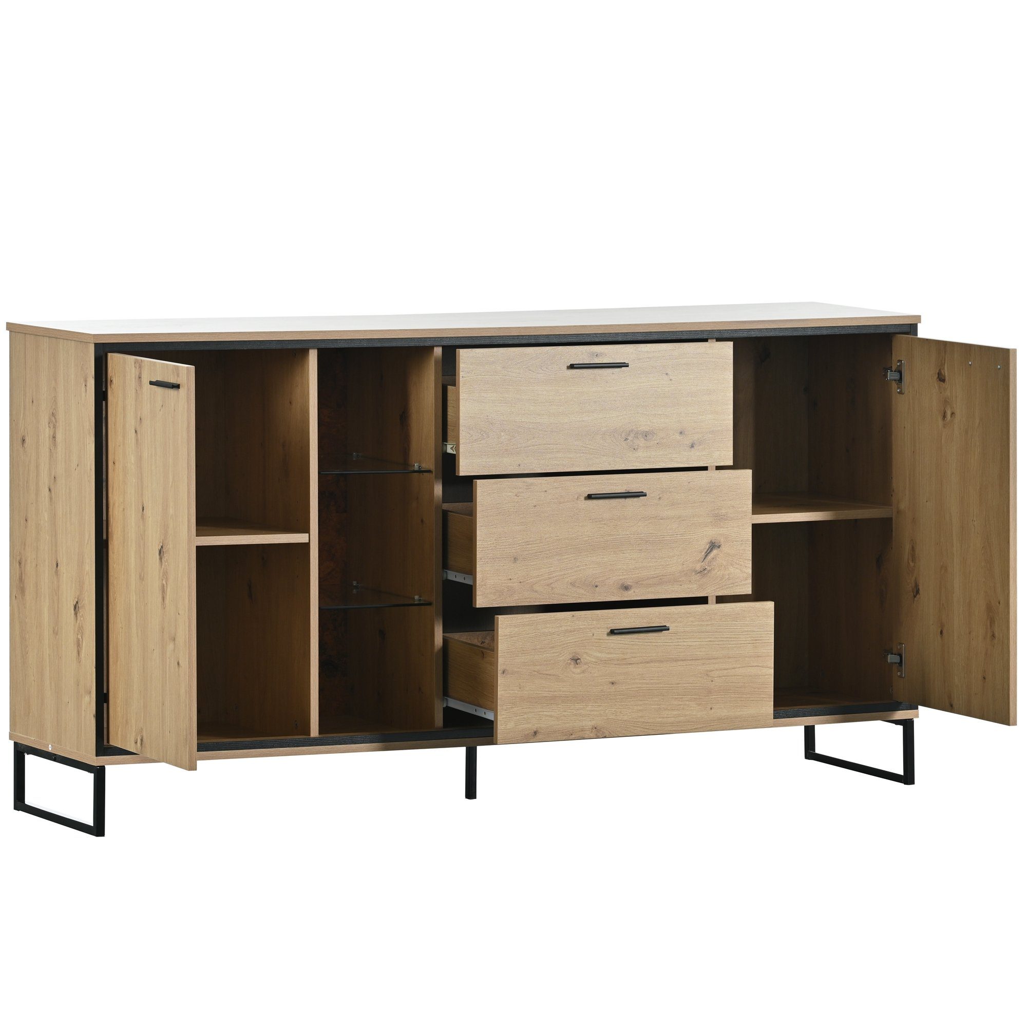 Merax Sideboard mit LED-Beleuchtung und Glasablagen, Kommode Holz mit großem Stauraum und verstellbare Einlegeböden