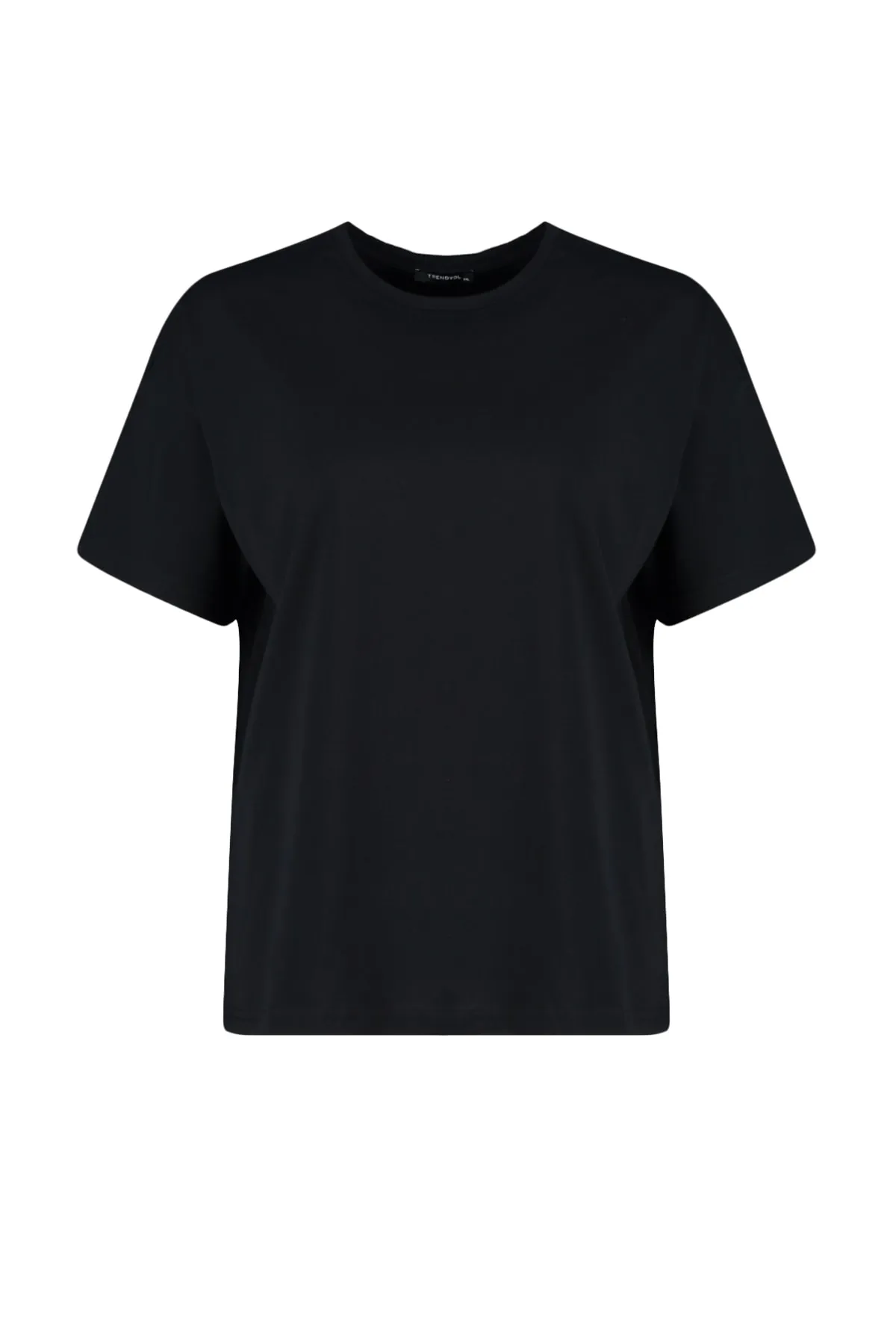 Trendyol Curve  Schwarzes bedrucktes Strick-T-Shirt mit Rundhalsausschnitt TBBSS23BF00024