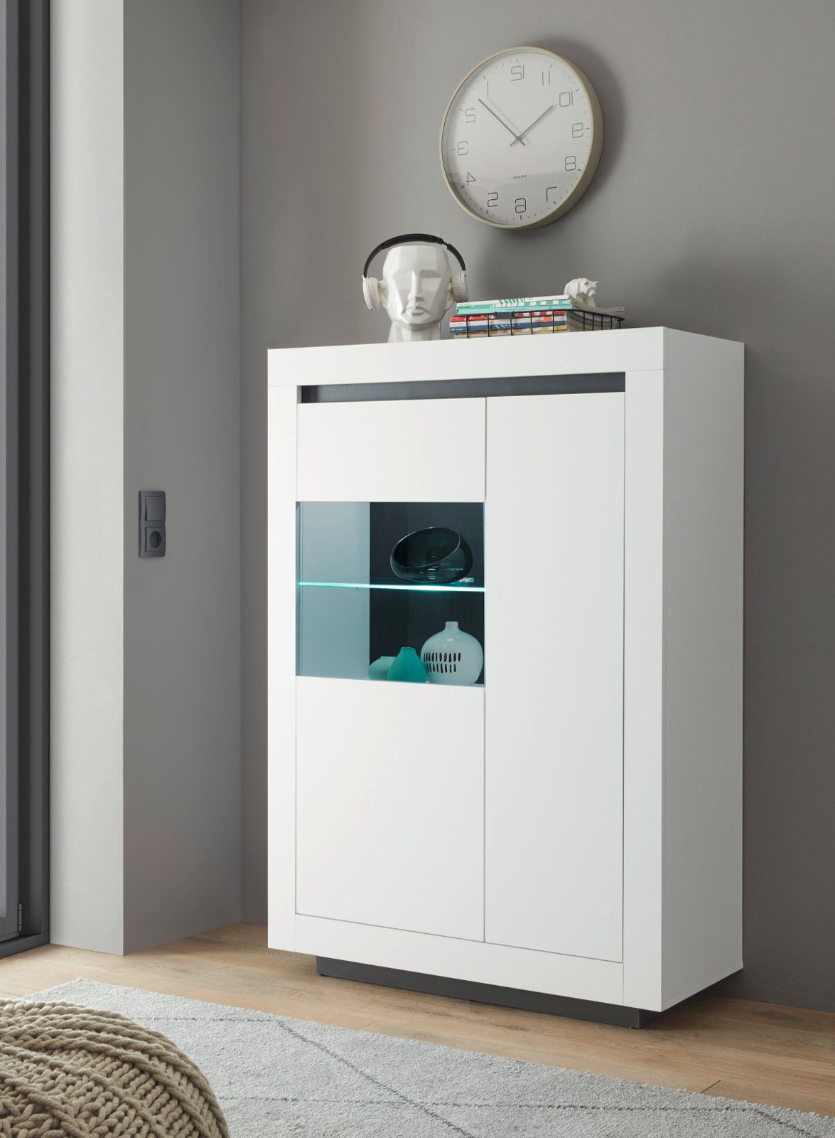 Furn.Design Highboard Rooky (Vitrine in matt weiß mit Anthrazit, 96 x 136 cm), mit viel Stauraum