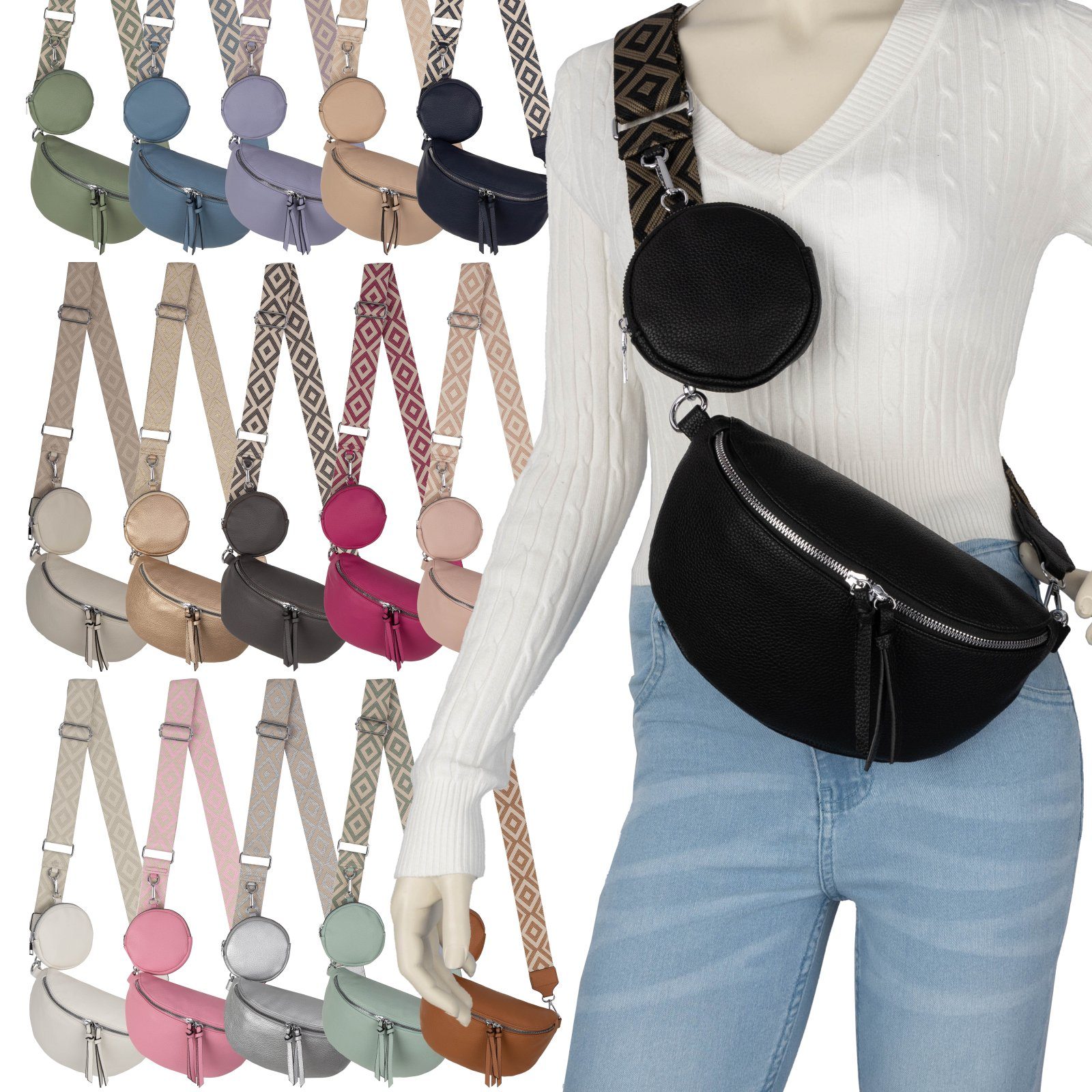 EAAKIE Gürteltasche Bauchtasche Umhängetasche Crossbody-Bag Hüfttasche Kunstleder Italy-D, als Schultertasche, CrossOver, Umhängetasche tragbar