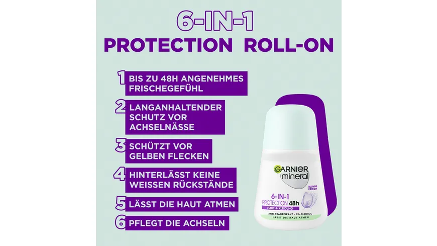 Garnier Mineral Deo Roller Protection 5 - 48h Anti-Schweiß für ein lang anhaltendes Gefühl von Frische ohne Rückstände 50 ml