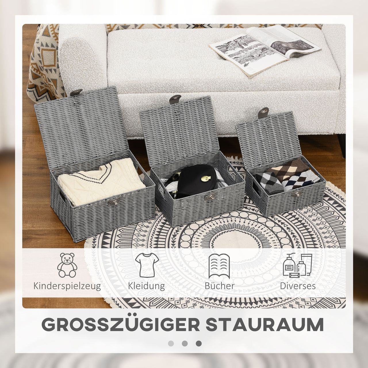 HOMCOM Rattan Aufbewahrungsboxen 3er-Set 18L, 12L, 7L Aufbewahrungskorb