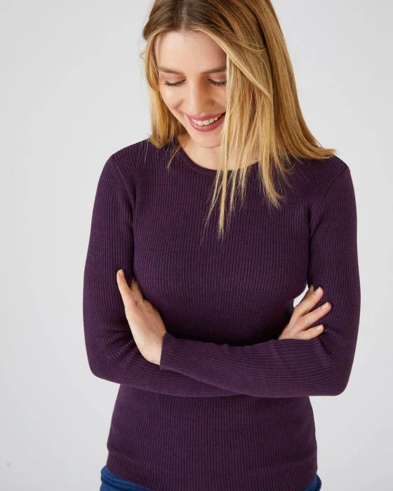 Pull col rond 50% laine mérinos, uni et rayé