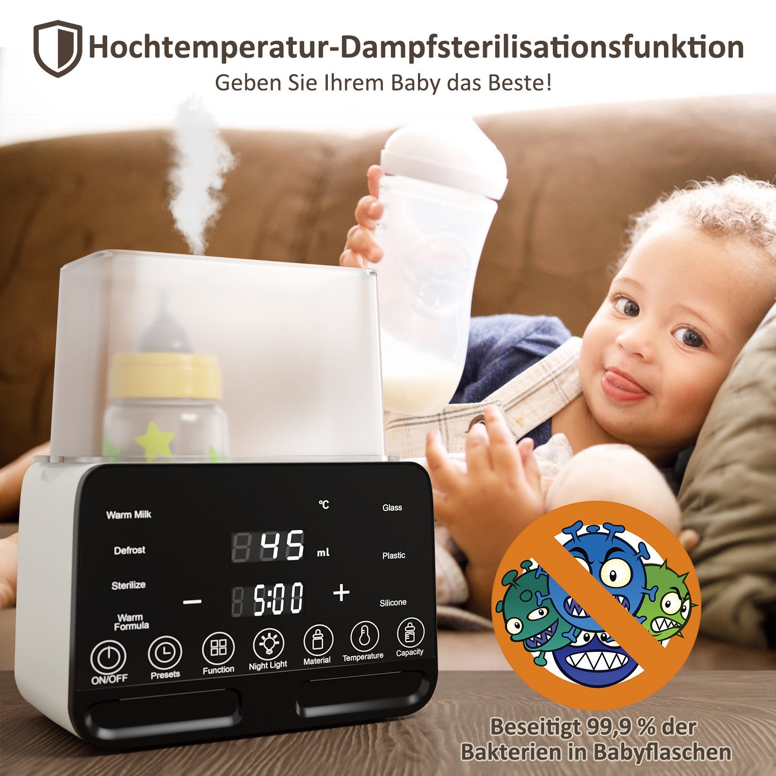 CkeyiN Babyflaschenwärmer 10 IN 1 Baby Flaschenwärmer, Konstante Temperatur in 24h, Timer-Funktion, Hohe Kapazität, Temperatureinstellung