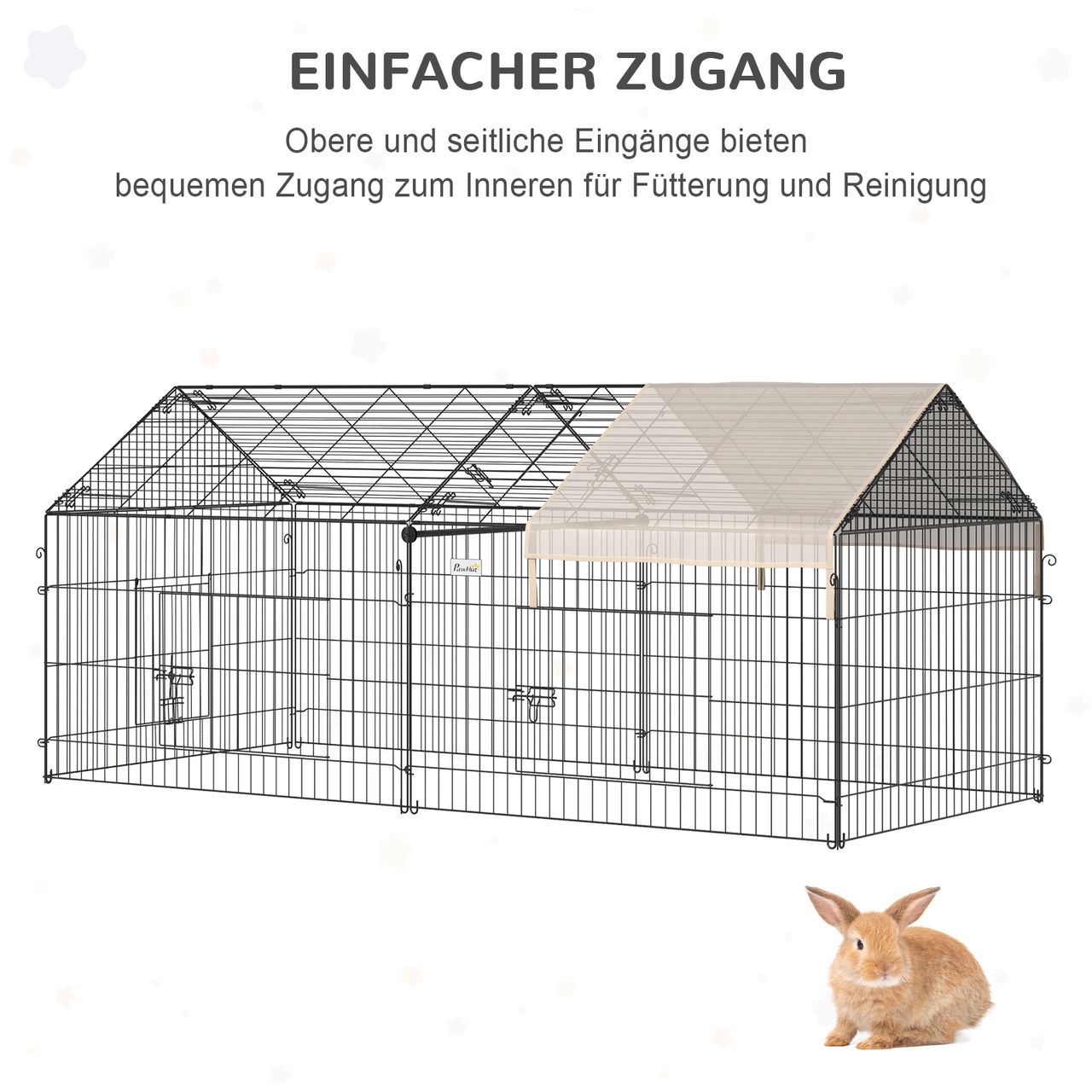 PawHut Freigehege Freilaufgehege Hasenkäfig mit Sonnenschutz Metall Beige Schwarz 220 x 103 x 103 cm