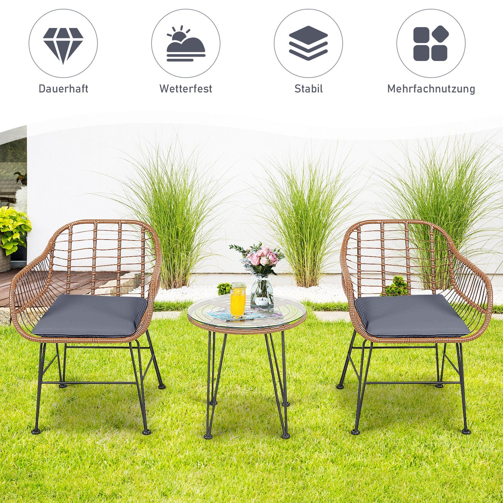 COSTWAY Balkonset, 3-tlg, Rattan, 2 personen, mit Sitzkissen, 180kg