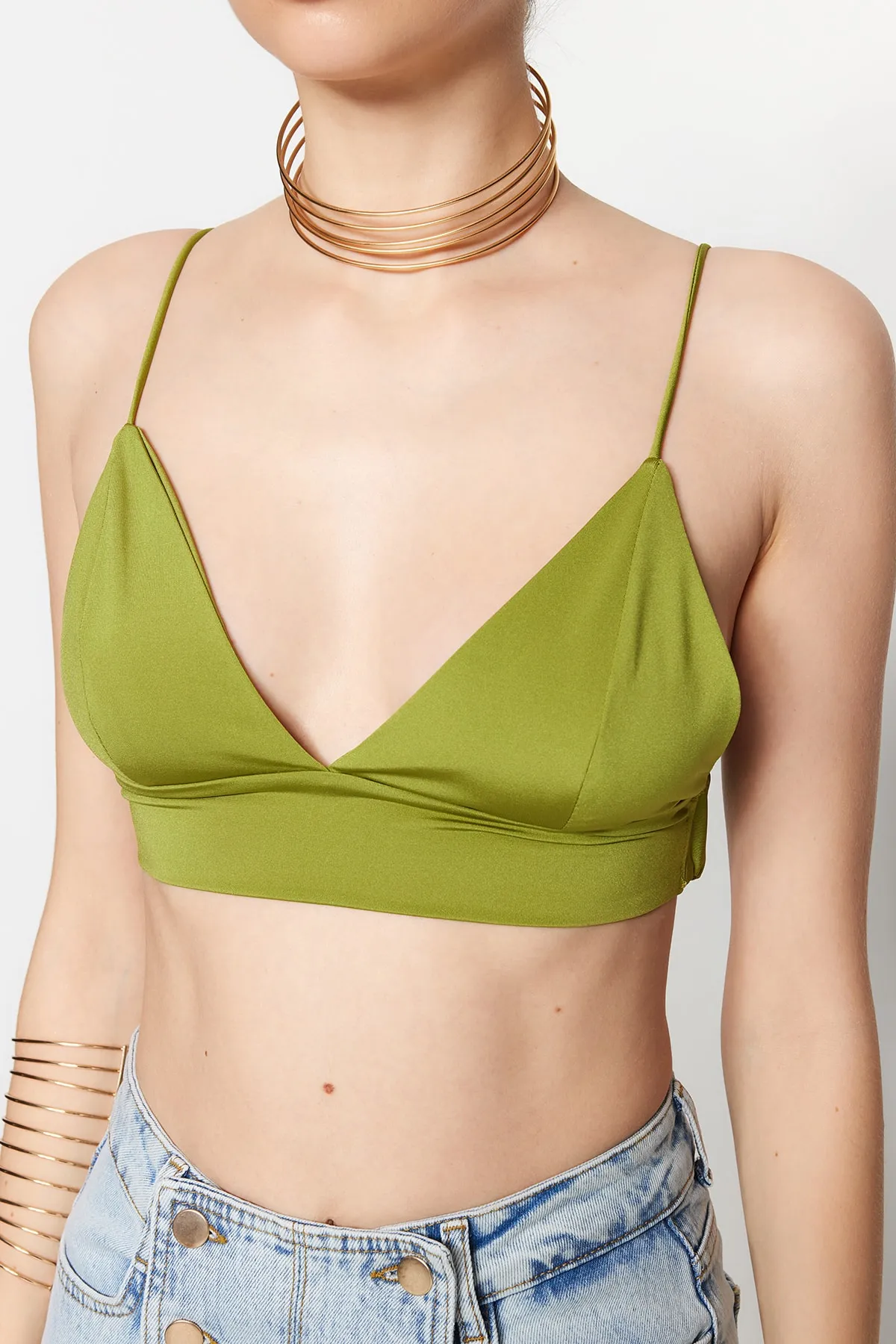 Trendyol Collection  Ölgrünes Crop-gefüttertes Strick-Bustier TPRSS22BS00005