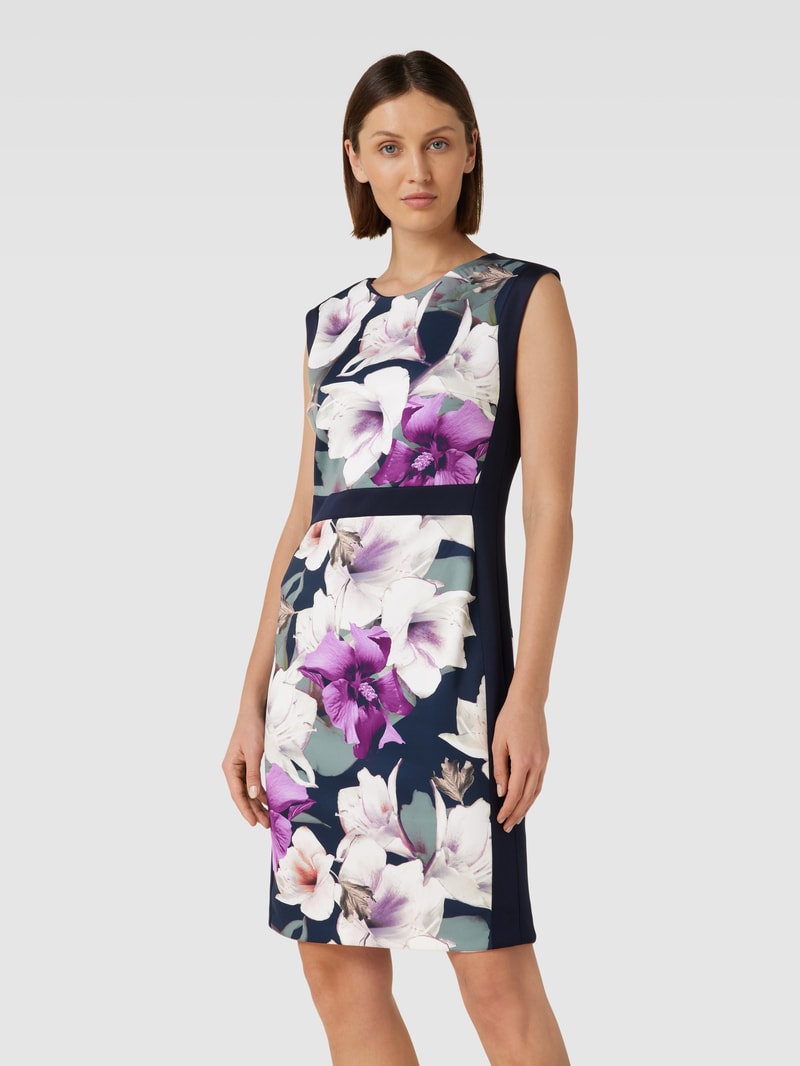 Knielanges Cocktailkleid mit floralem Print in marineblau