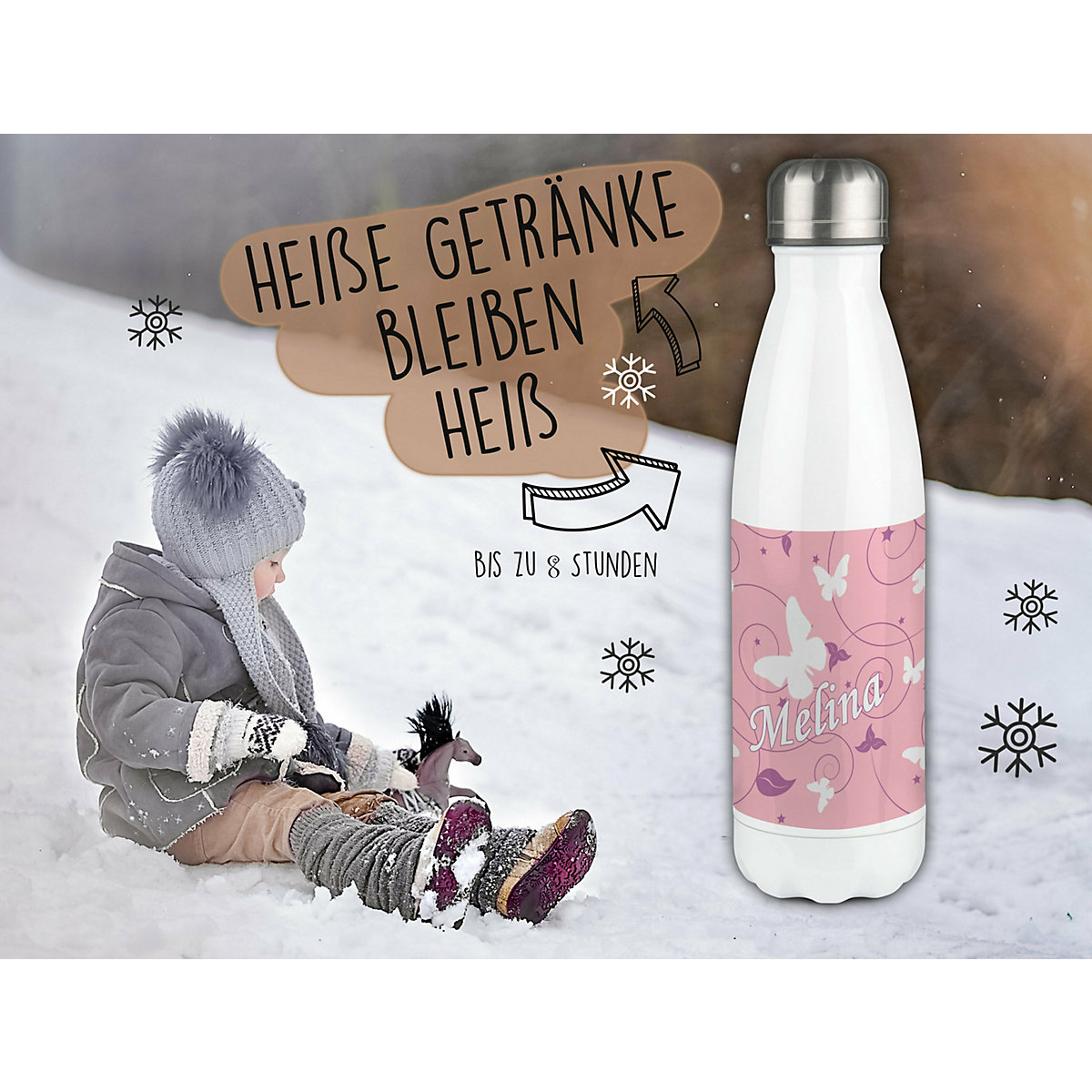Edelstahl Kinder Thermoflasche / Trinkflasche bunt Schmetterling Ornamente Farbe rosa lila Spülmaschinenfest, Auslaufsicher, Bruchfest, Doppelwandig, Für Heißgetränke geeignet, Mit Deckel, Isolier