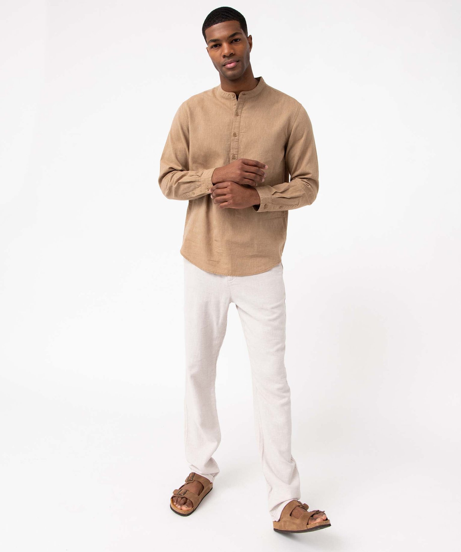 Chemise homme en lin mélangé à manches longues et col tun... beige | GEMO