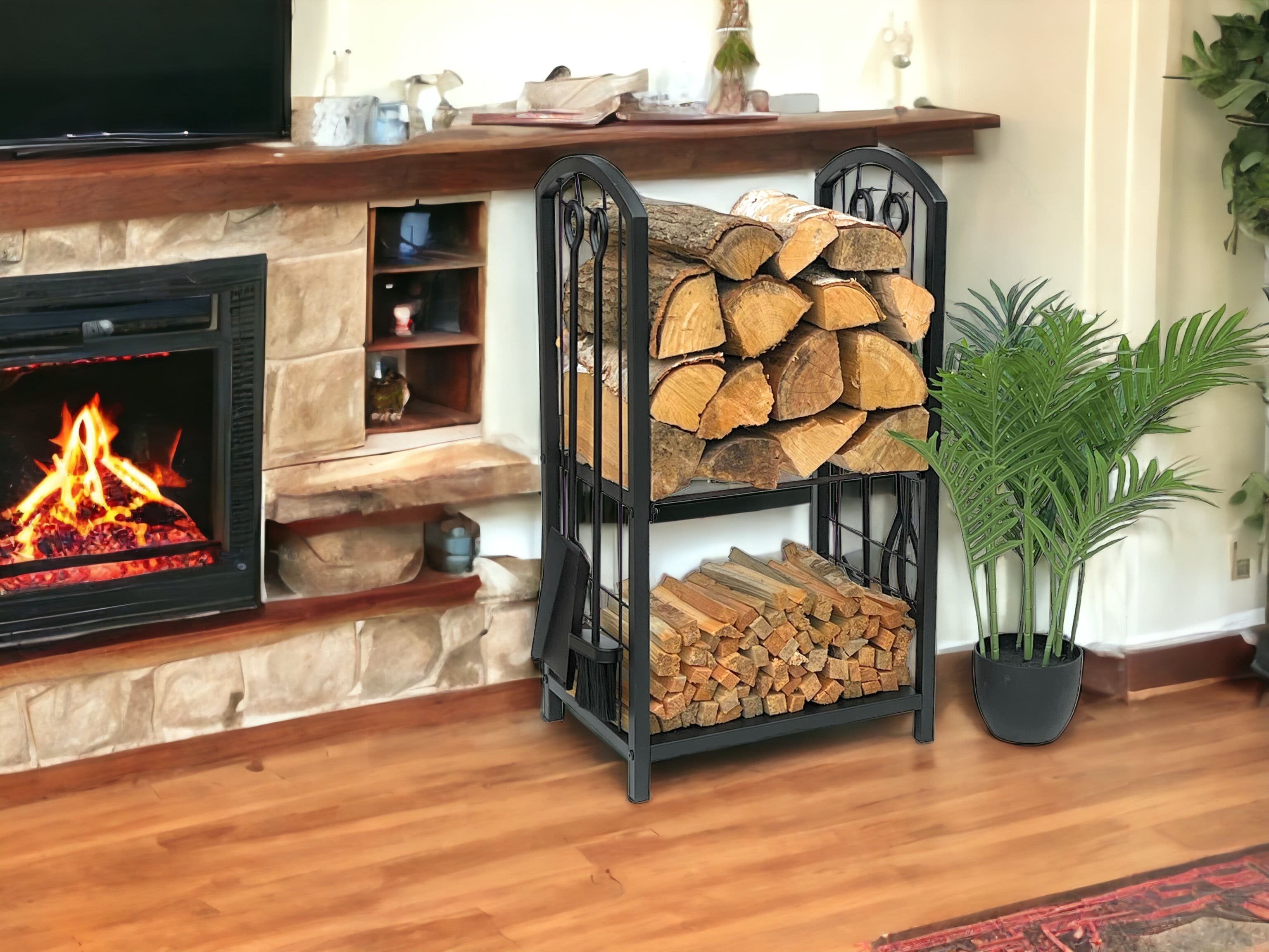 DanDiBo Kaminholzregal Kaminholzregal Metall Schwarz 72 cm mit Kaminbesteck Kaminholzständer
