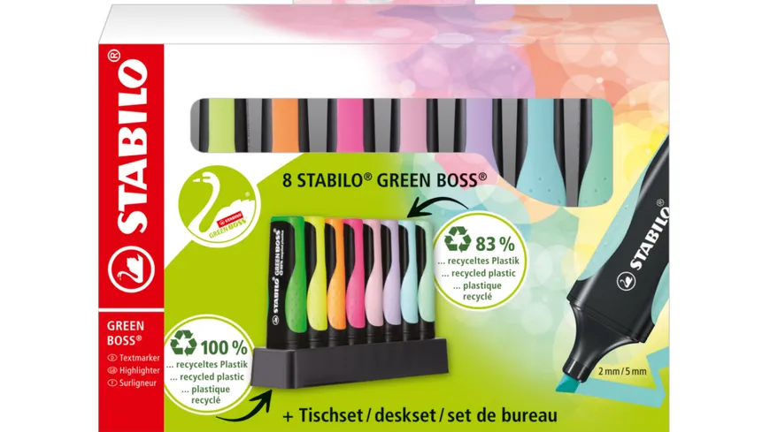 STABILO® GREEN BOSS Textmarker 8er Tischset - mit jeweils 4 verschiedenen Pastell- und Leuchtfarben sortiert
