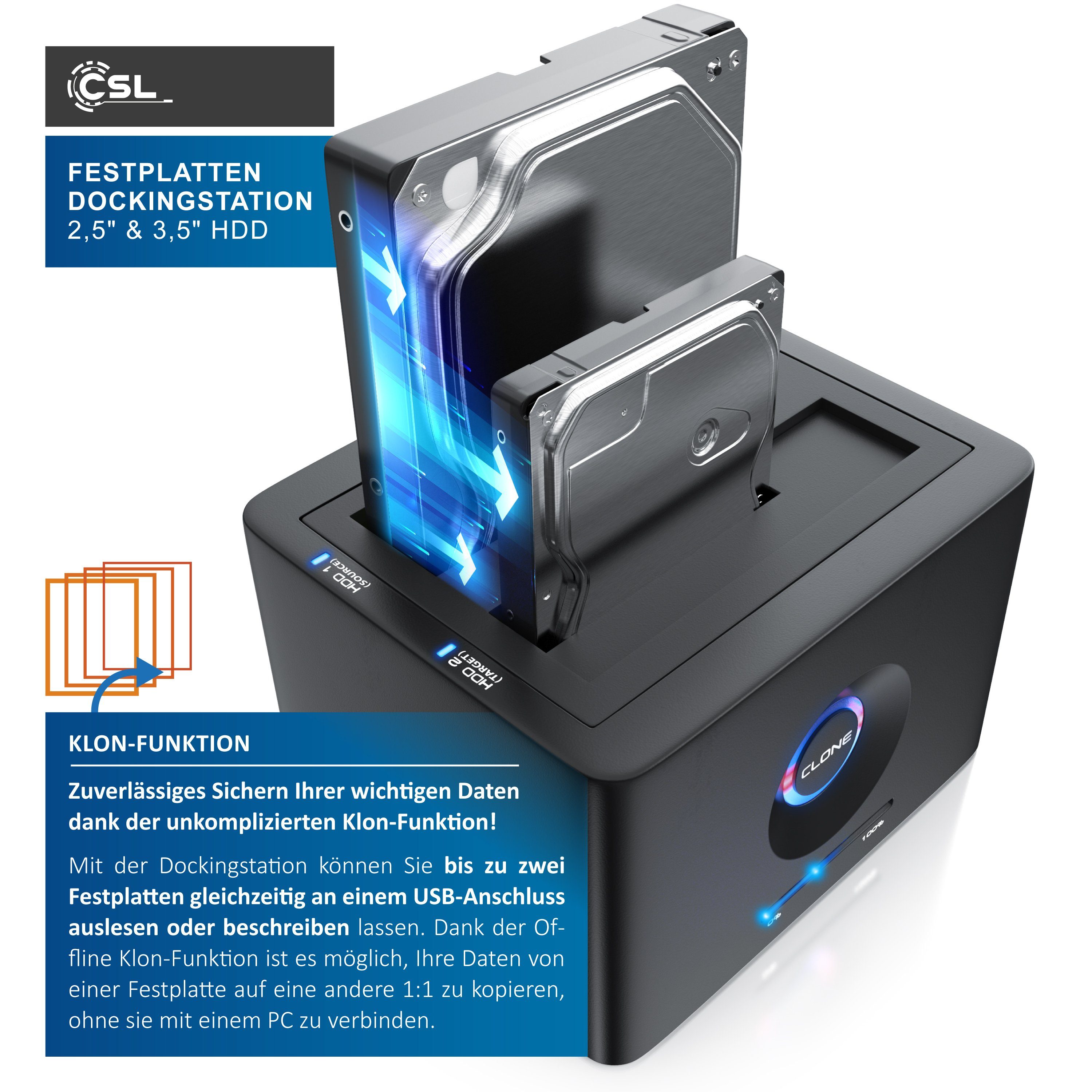 CSL Festplatten-Dockingstation, USB 3.2 Gen 1 Festplattendockingstation, Klonfunktion für 2,5
