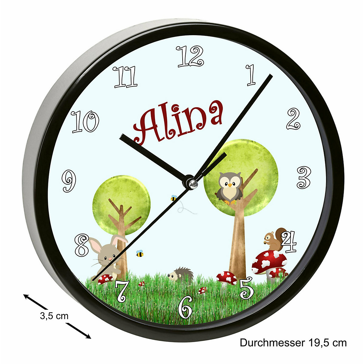 Kinder Wanduhr laufruhig personalisiert mit Name Waldwiese