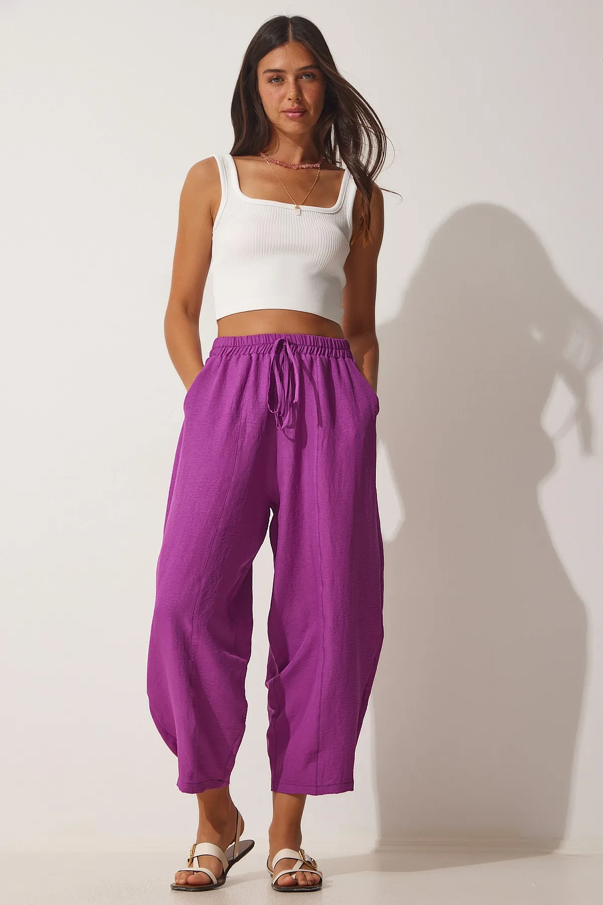 Happiness İstanbul  Pflaumenfarbene Ayrobin Shalwar-Hose für Damen mit Taschen OH00046