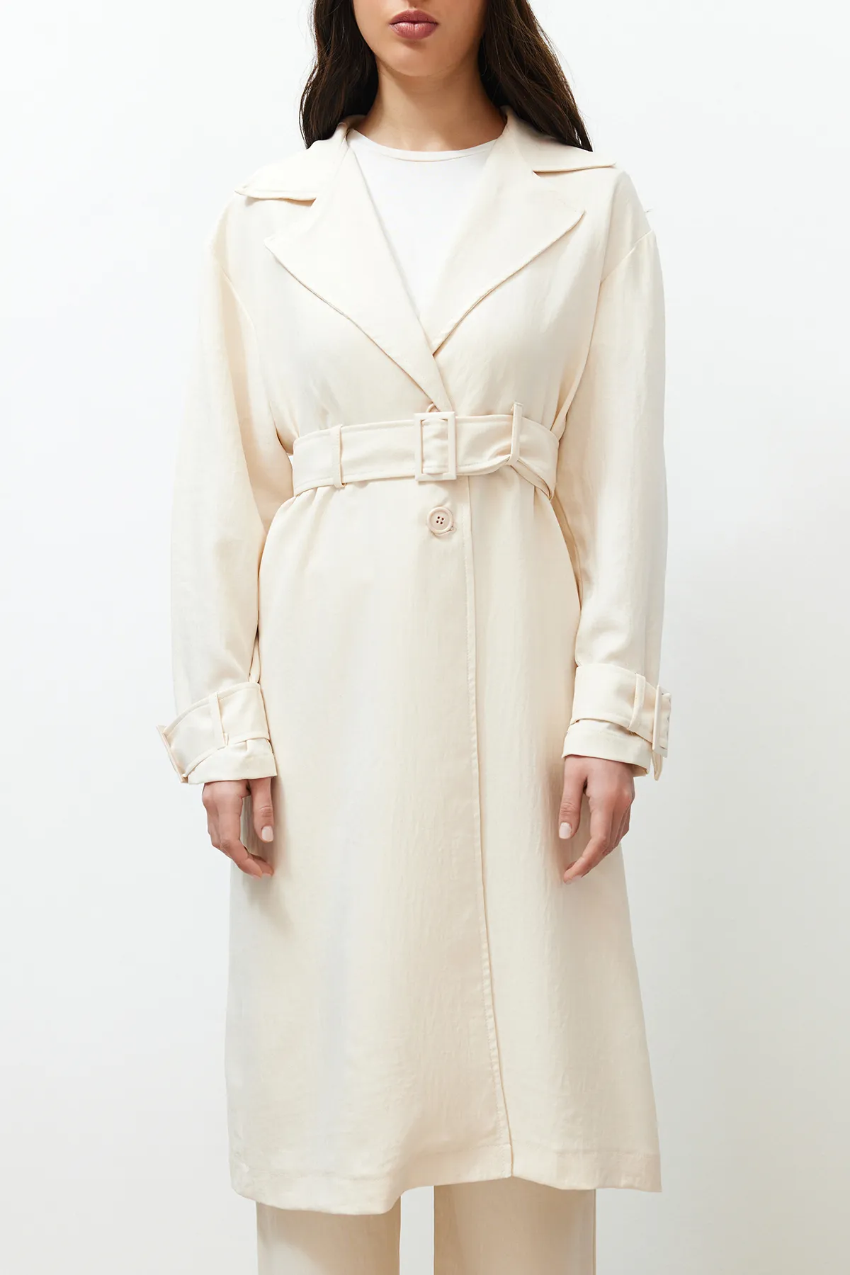 Trendyol Modest  Set aus Kimono-Hose mit gewebtem Unterteil und Oberteil im Stone Trench-Stil TCTSS24US00024