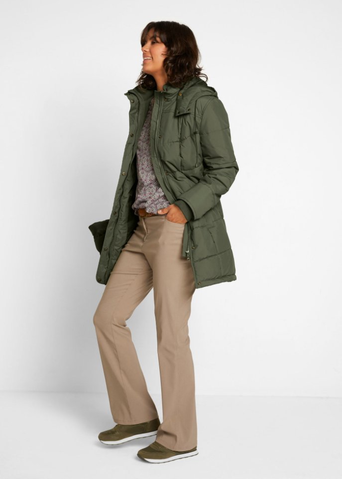 Long-Steppjacke, wattiert mit Kragen und Kapuze