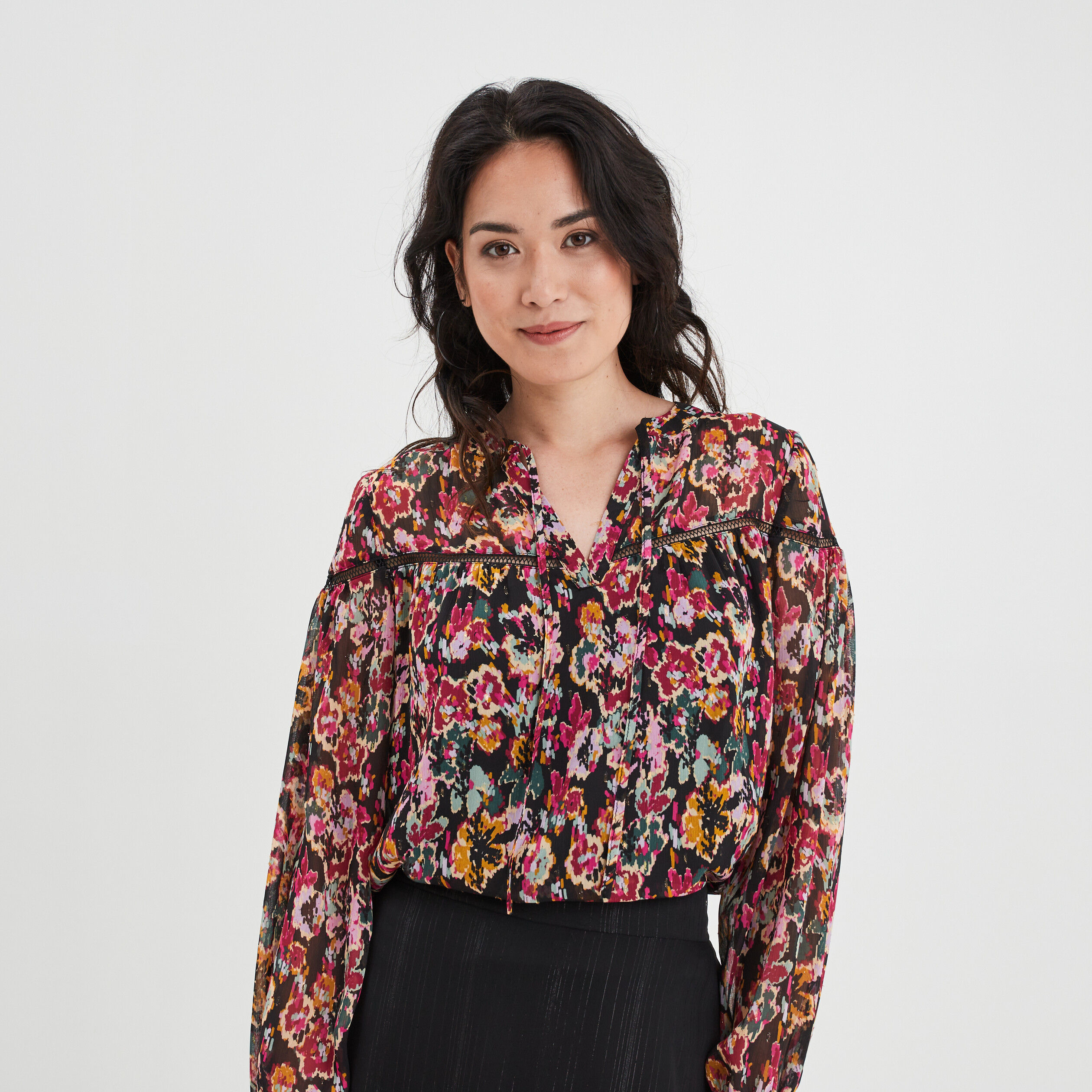 Blouse crêpe col cordons à nouer noir femme | La Halle