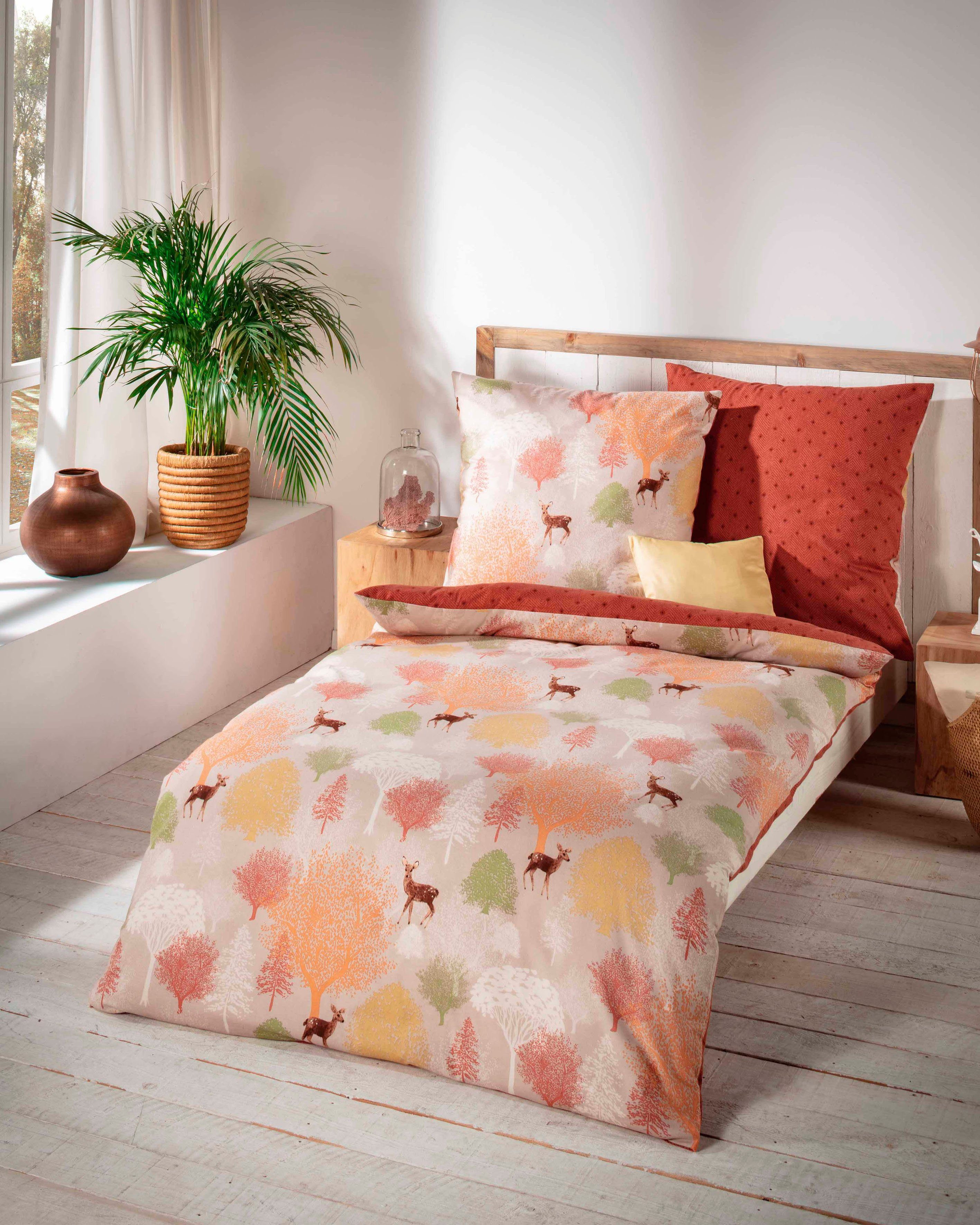 Wendebettwäsche Autumn, Kaeppel, Feinbiber, 2 teilig, mit Rehmotiven und Herbstwald