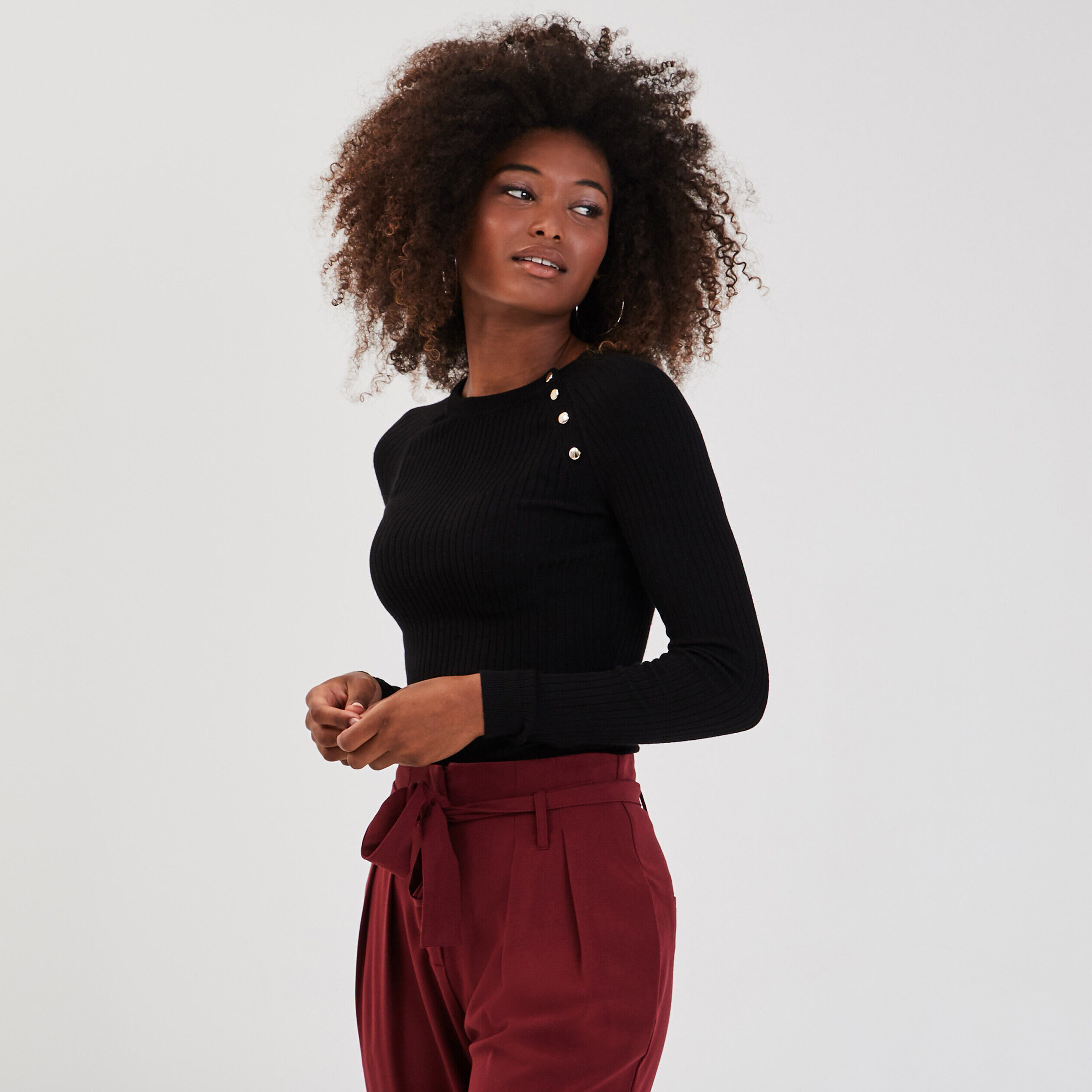 Pull côtelé avec boutons noir femme | Cache Cache