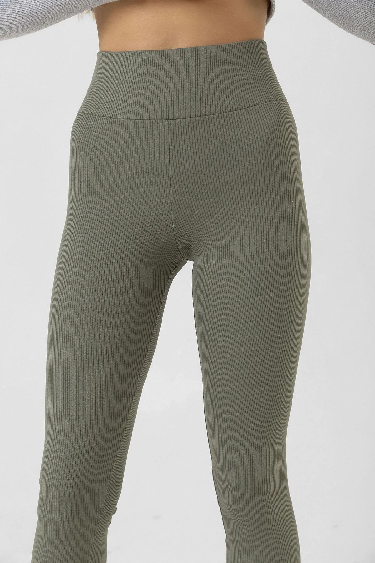 Domoda  Innenseite aus mintfarbenem Fleece, elastisch, erhöht, gerippt, Interlock-Winterstrick-Leggings mit Raffung @verona