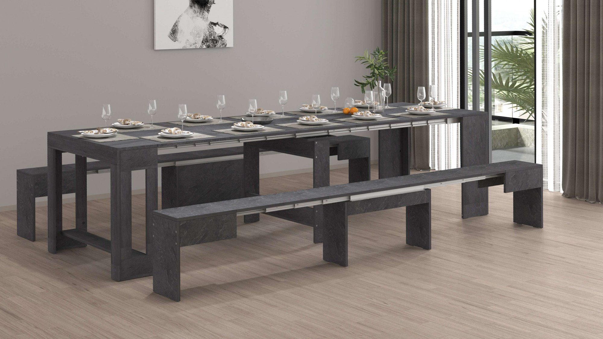 Tecnos Sitzgruppe Praktika, (Spar-Set, 2-tlg., Set beinhaltet 2 Bänke), Je Bank ausziehbar bis 290 cm