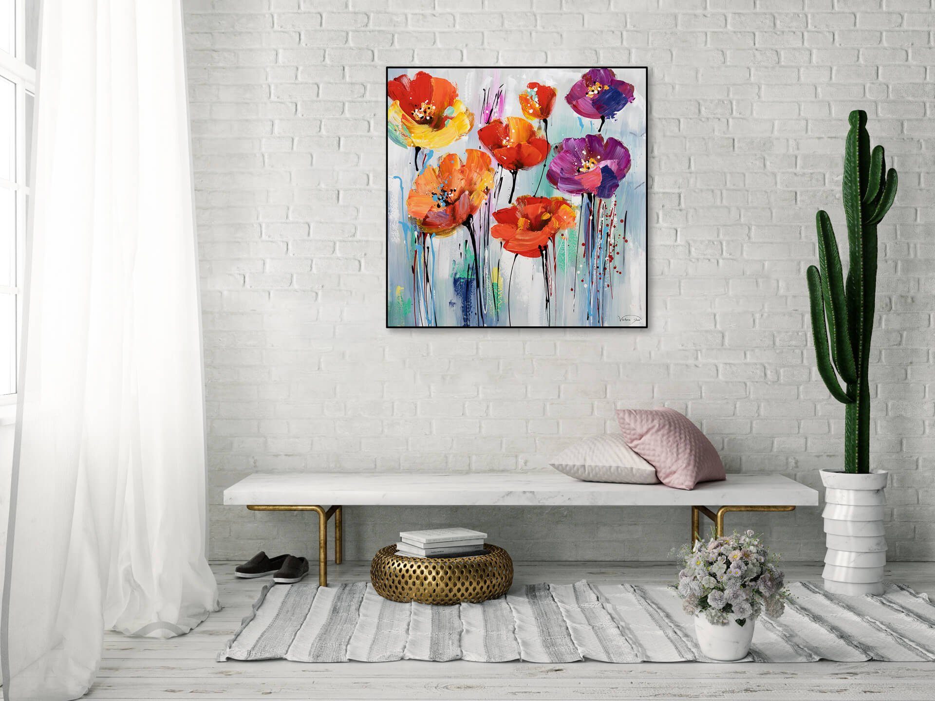 KUNSTLOFT Gemälde Bunter Blumengruß 80x80 cm, Leinwandbild 100% HANDGEMALT Wandbild Wohnzimmer