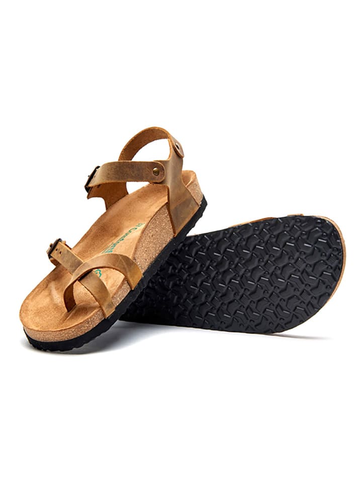 Comfortfusse Leder-Zehensandalen in Hellbraun günstig kaufen