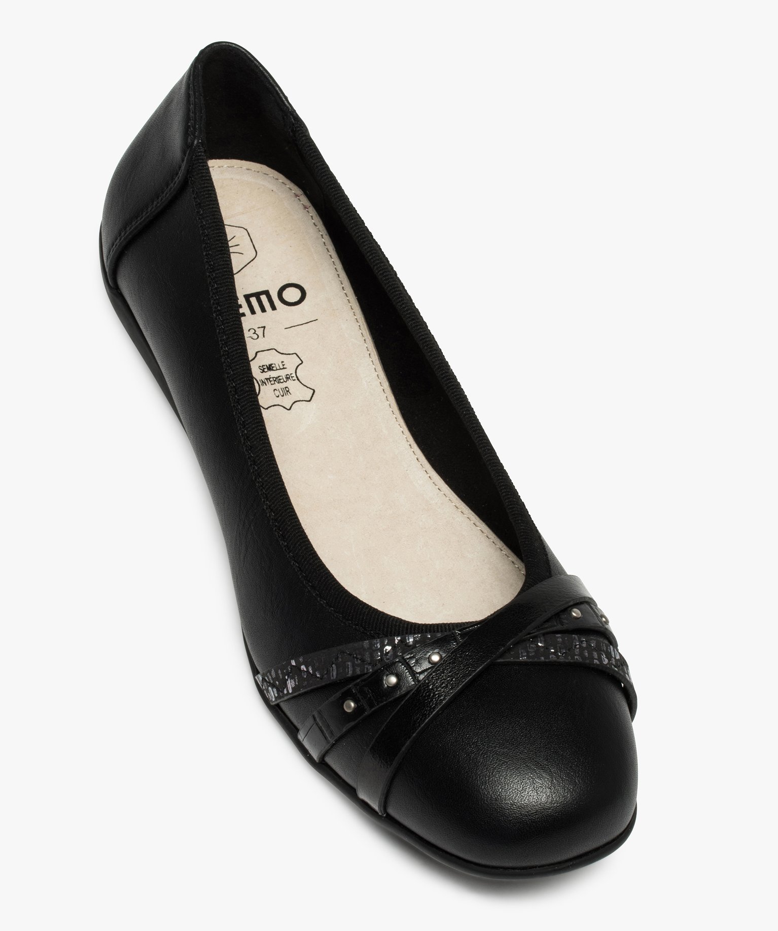 Ballerines femme unies à talon plat et brides fantaisie noir | GEMO