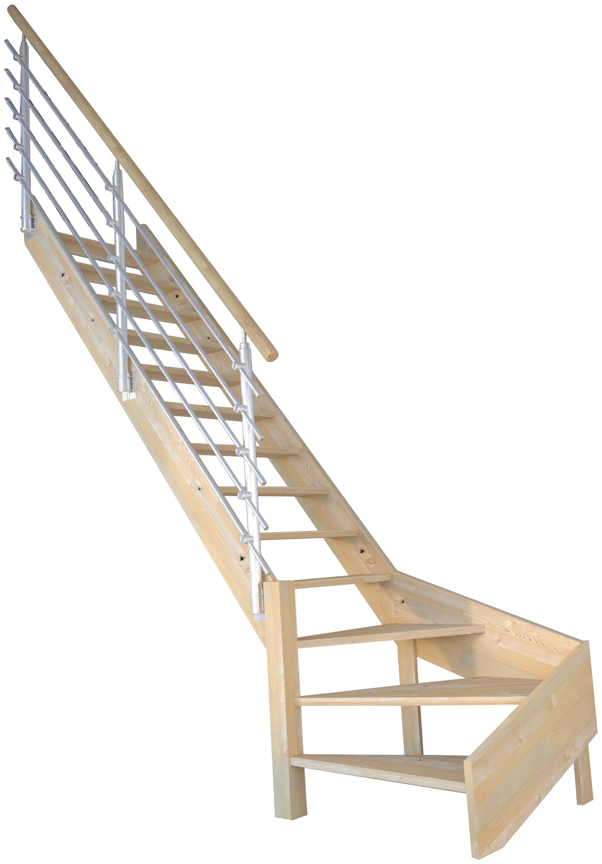 Starwood Raumspartreppe Massivholz Korfu, Design-Geländer Edelstahl, für Geschosshöhen bis 300 cm, Stufen offen, gewendelt Links, Durchgehende Wangenteile