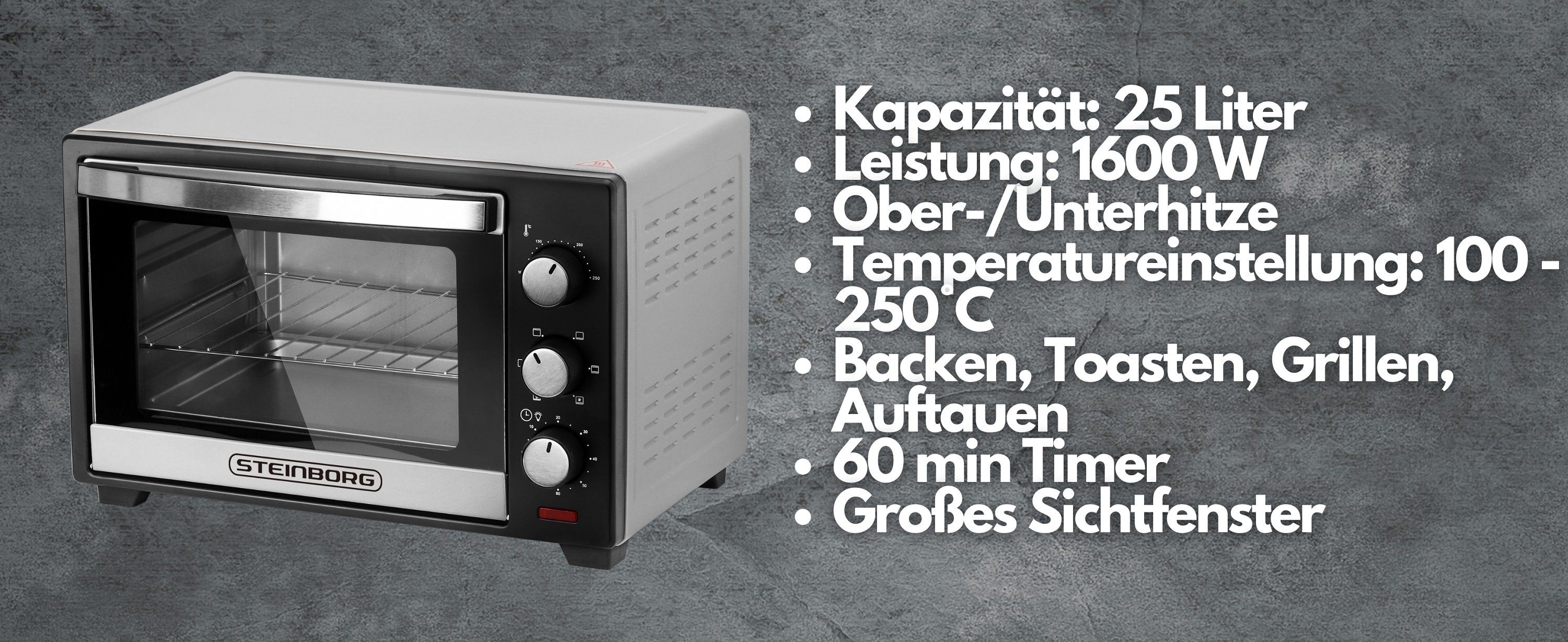 STEINBORG Minibackofen SB-3012, 25 Liter, Umluft, mit Krümelblech, 1600 Watt