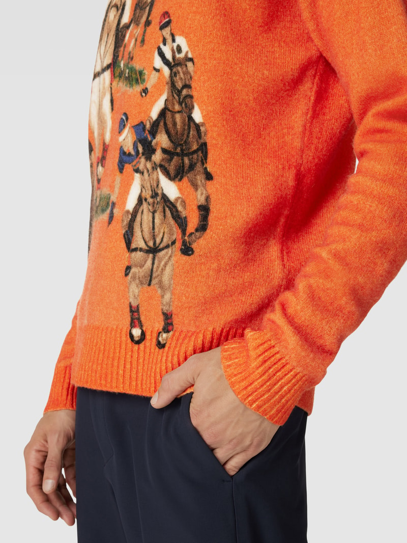 Strickpullover aus Wolle mit Motiv-Stitching in orange