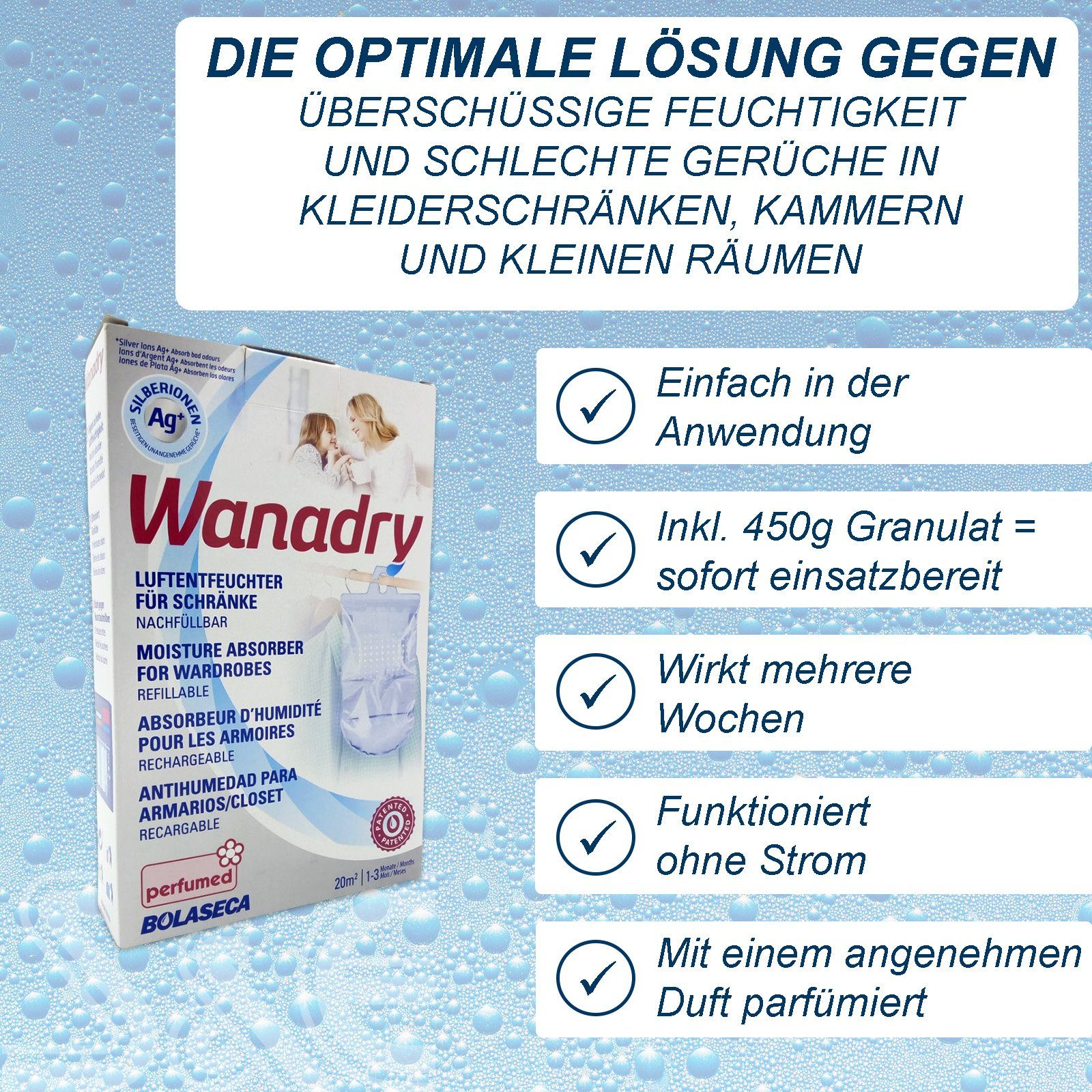 BlueCraft Luftentfeuchter-Nachfüllpack für Schränke, kleine Räume zum Aufhängen 3 Stück, Schlafzimmer Wohnung Nachfüller gegen Schimmel, Raum-Entfeuchter ohne Strom, Kleiderschrank Entfeuchter inkl. je 450 g Granulat im Vliesbeutel