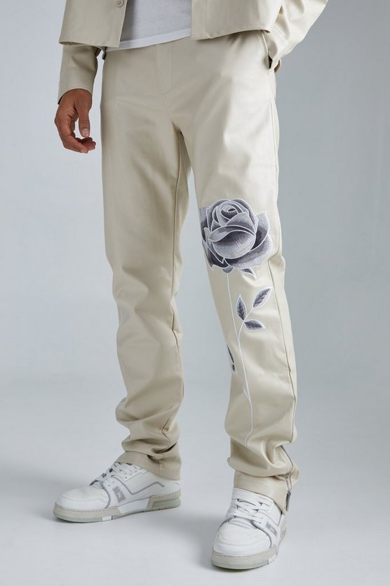 Bestickte PU-Hose mit geradem Bein und Reißverschluss