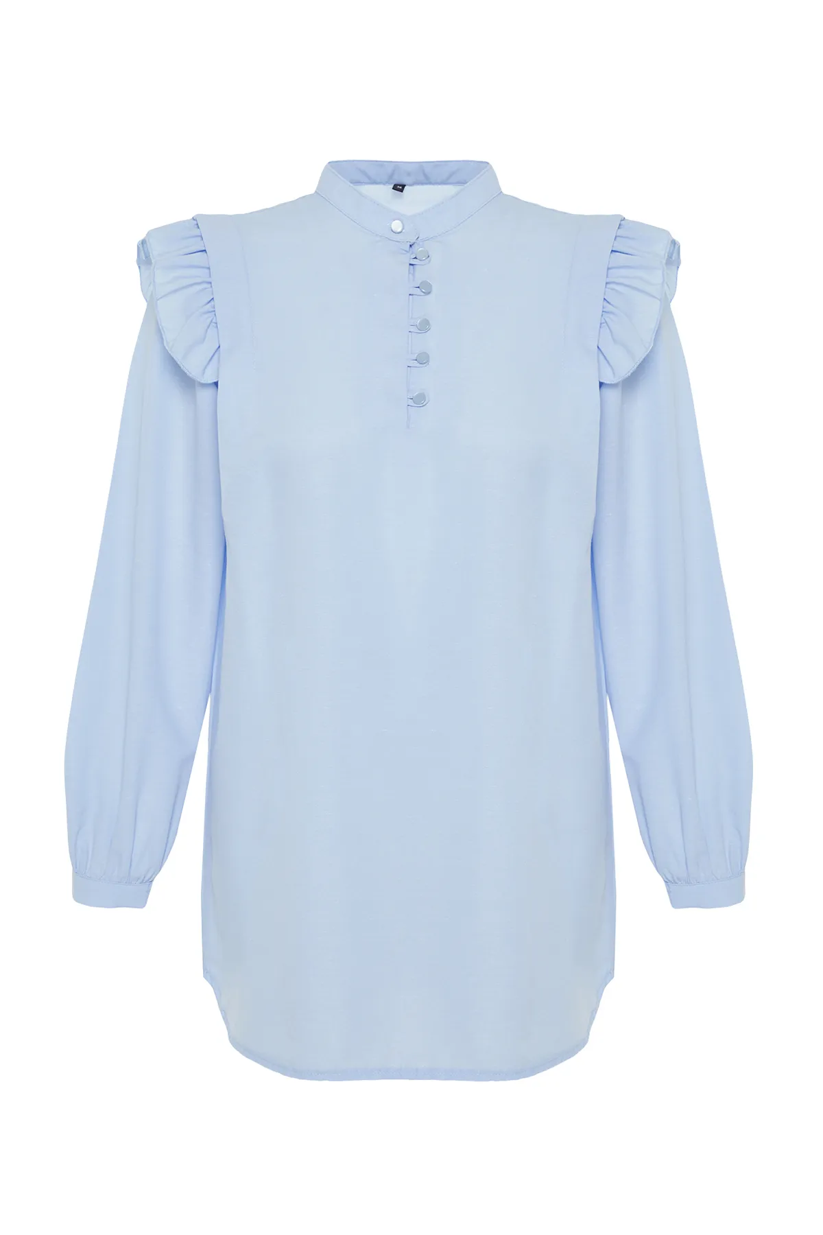 Trendyol Modest  Hellblaues, gewebtes Hemd aus Baumwollmischung mit Rüschen und Details TCTSS24UK00005