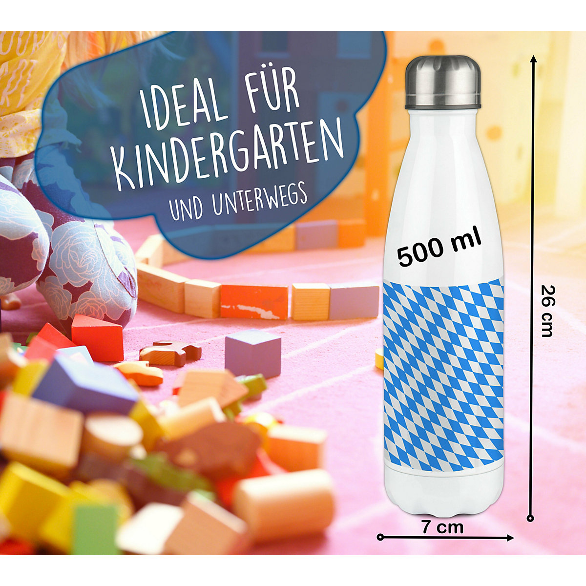 Edelstahl Kinder Thermoflasche / Trinkflasche bunt Bayern Spülmaschinenfest, Auslaufsicher, Bruchfest, Doppelwandig, Für Heißgetränke geeignet, Mit Deckel, Isoliert