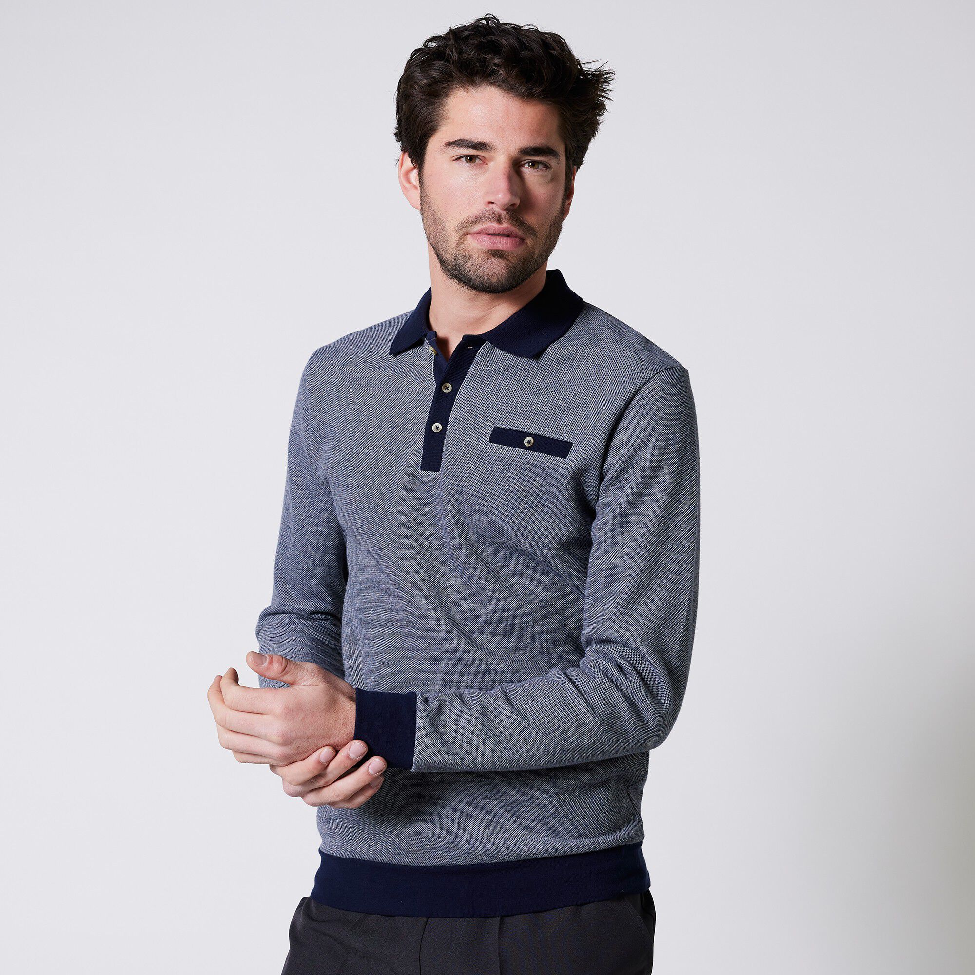 Polo bicolore maille chaude, manches longues