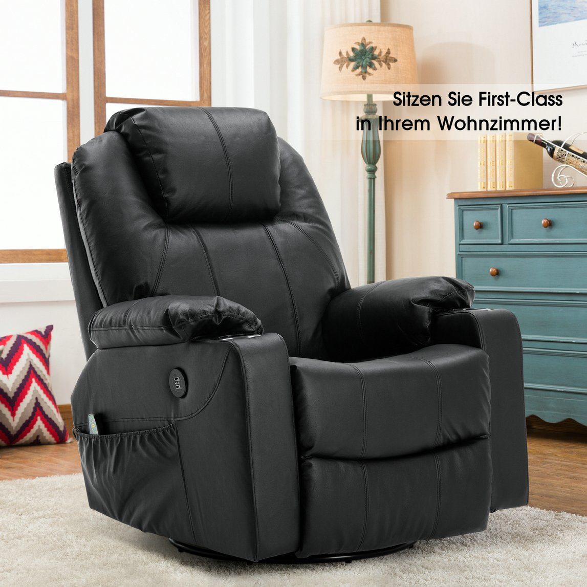 MCombo Relaxsessel MCombo Leder Massagesessel Relaxsessel 7050, manuell, mit Heizung, 360° drehbar und schwenkbar, Leder, Schwarz