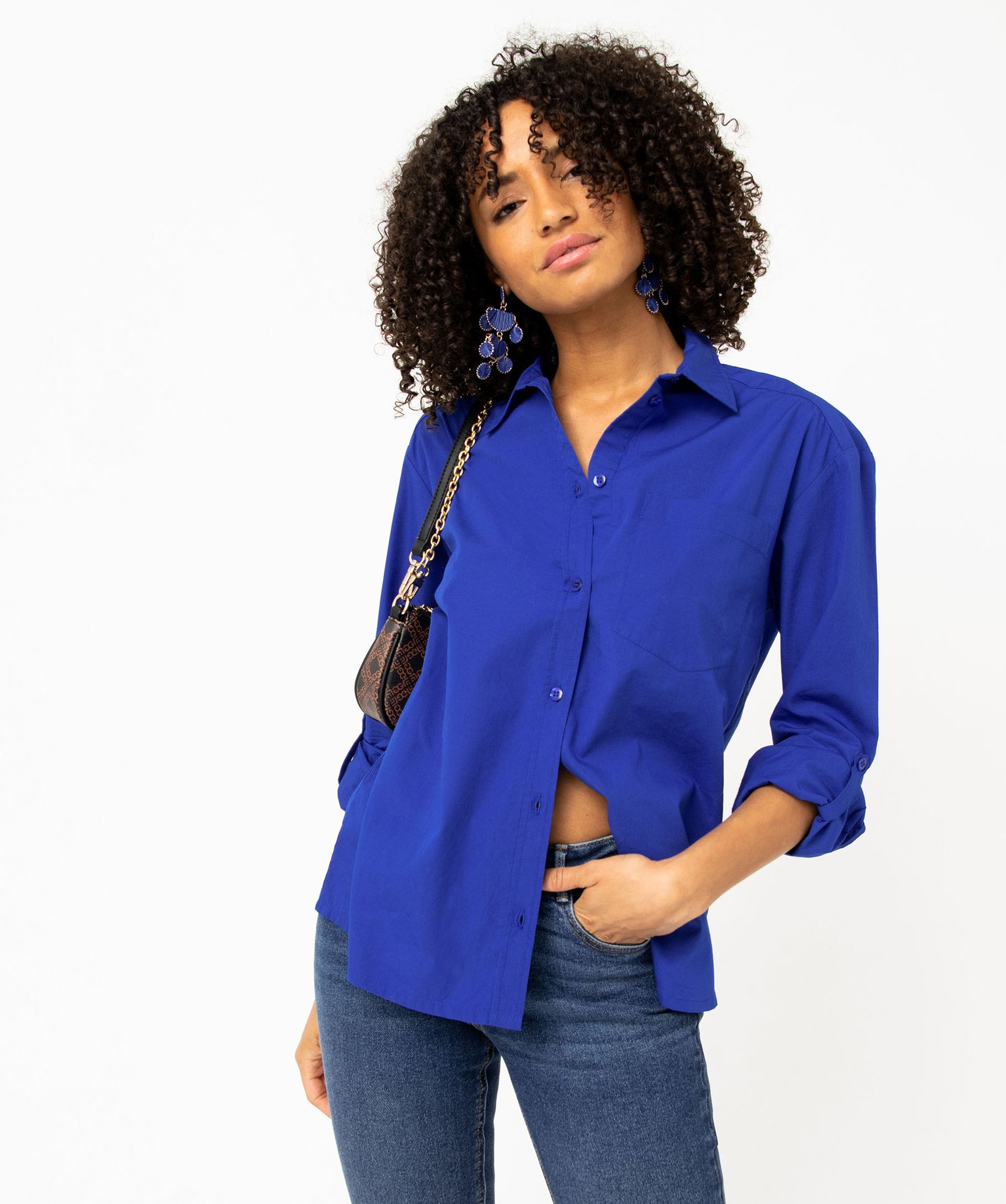 Chemise ample en coton uni femme bleu | GEMO