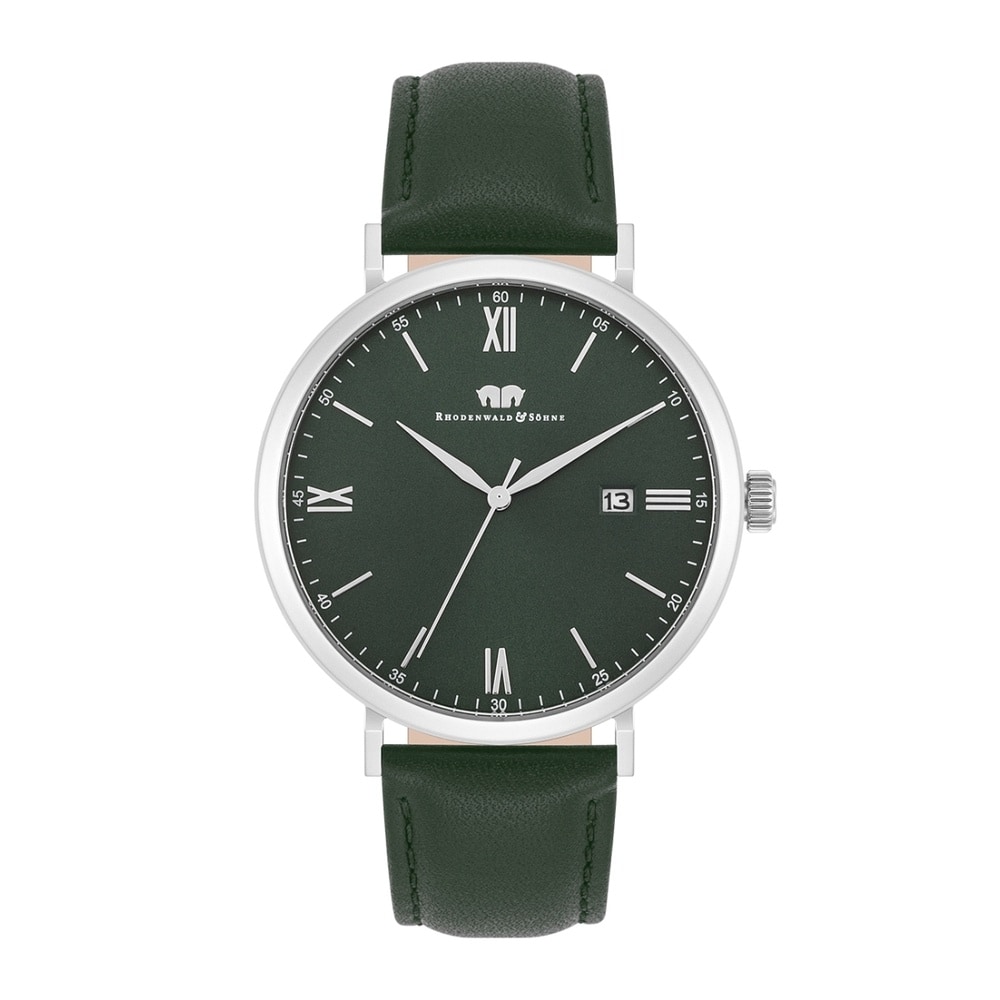 Rhodenwald & Söhne Montre à quartz Adelsmann Argent Cuir véritable en Vert foncé Montre